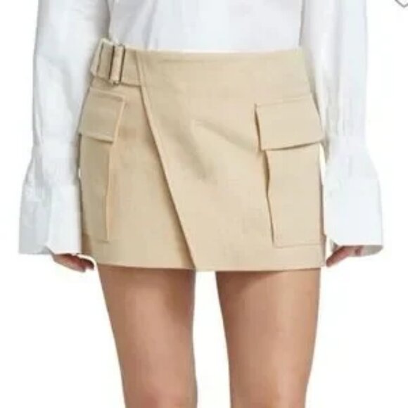 Womens A.L.C. Conan Tan Linen Cotton Blend Oversized Pockets Wrap Mini Skirt 4 - Picture 1 of 9